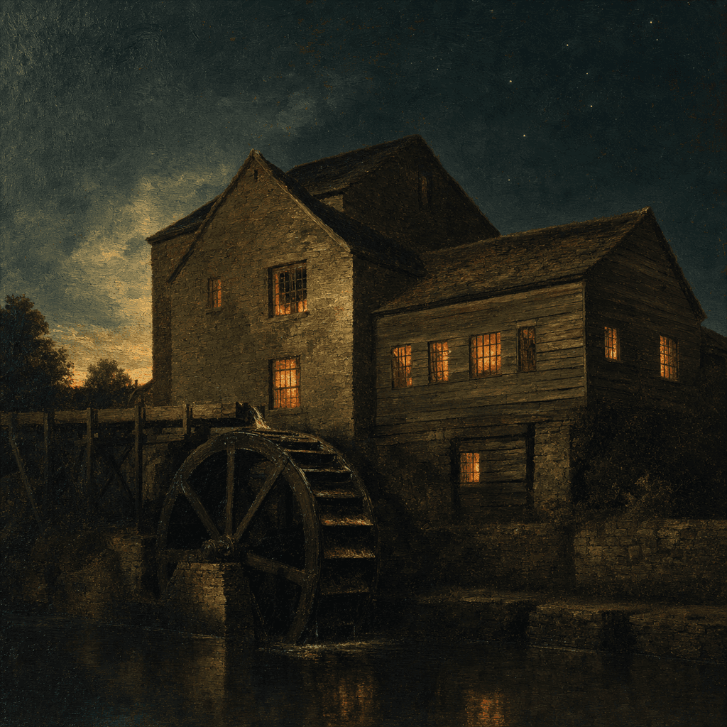 An oil-painting-style view of a Cromford-era water-frame mill at dusk, warm candlelight glowing from the windows.