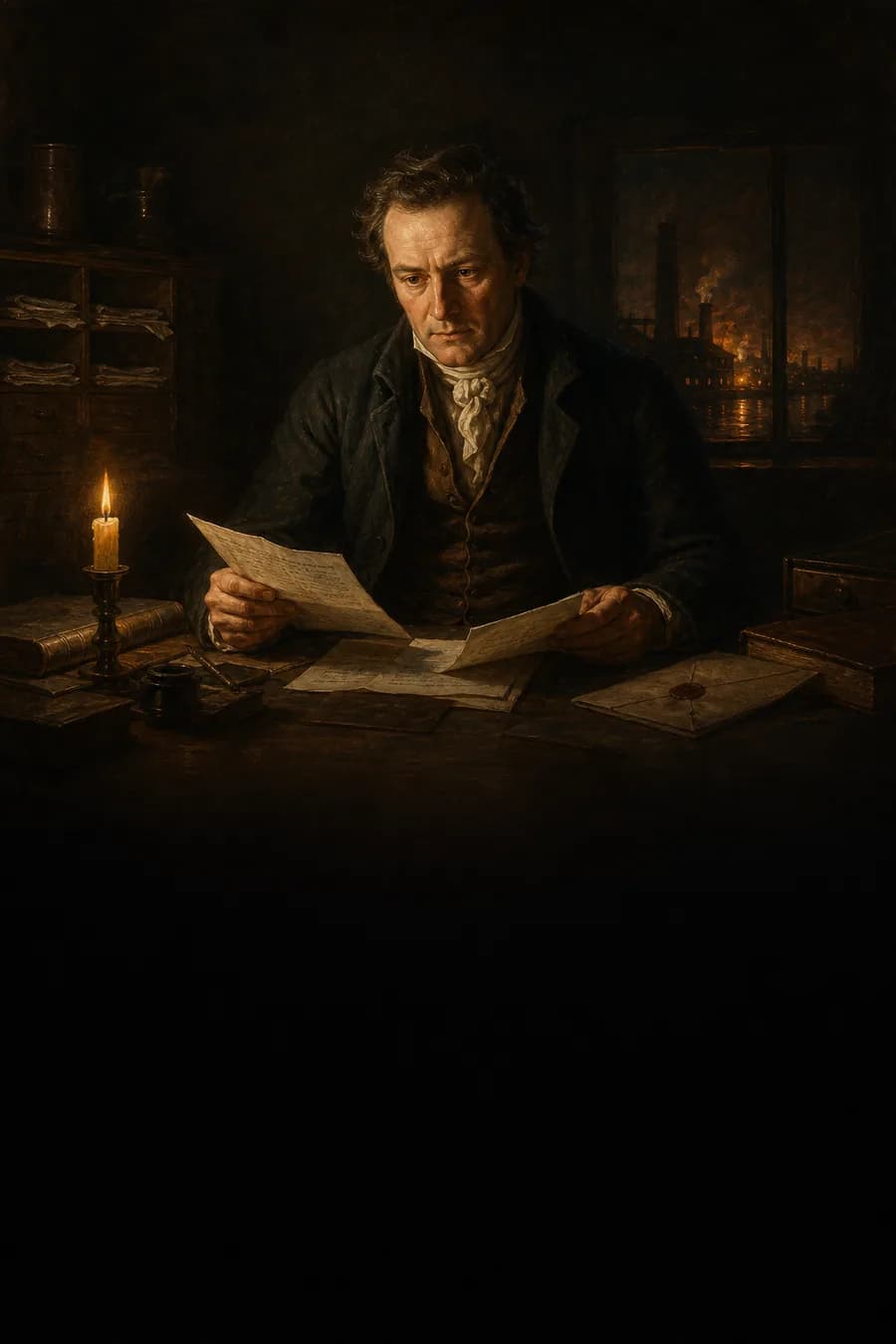 Oil painting style scene of a managing director studying papers beside a mill window at night
