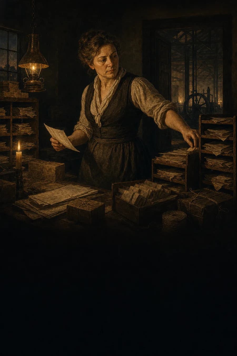 Oil painting style scene of a woman operations lead sorting dockets in a busy mill office