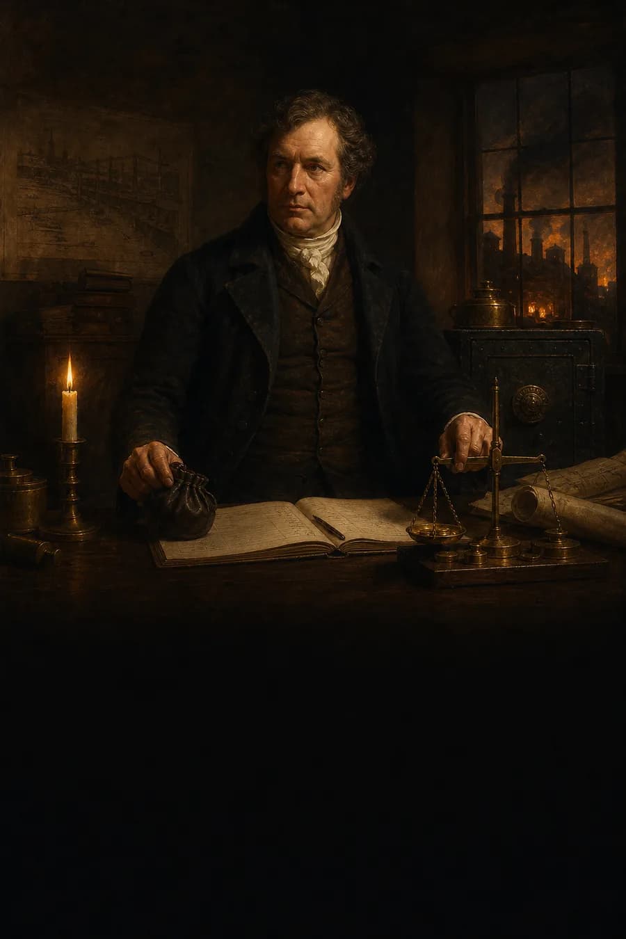 Oil painting style scene of a business owner weighing coins and plans in a candlelit mill office